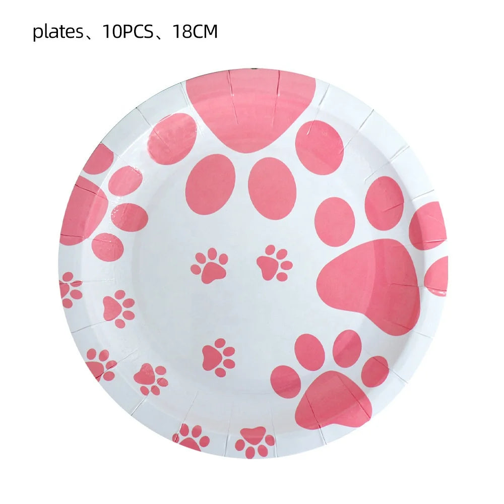 Pet Festival, New Pet Birthday Party Decoration Flag Dog Paws Balloon Pink Tableware Set Party Supplies