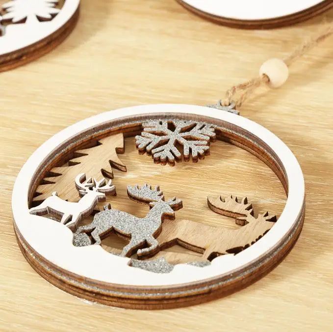Personalized Design Round Plywood Christmas Day Souvenir Decoration Hollow Elk Kim Cong Powder Christmas Tree Pendant