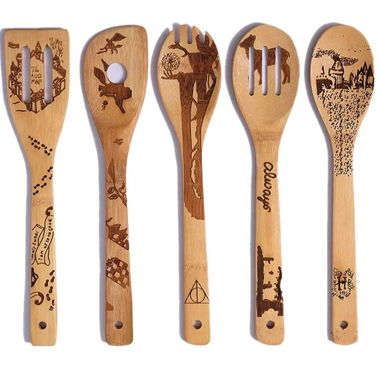 OEM 5pck Bamboo Utensil Set Pattern Burned Spoons Kitchen Slotted Spoon House Warming Presents Holiday Gift