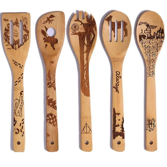 OEM 5pck Bamboo Utensil Set Pattern Burned Spoons Kitchen Slotted Spoon House Warming Presents Holiday Gift