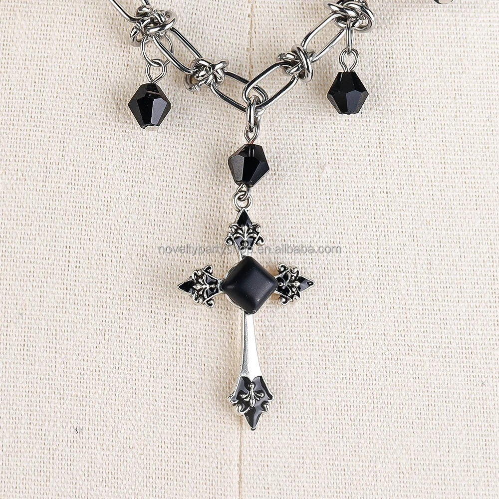 Halloween & Day of the Dead Gothic Cross Necklace Silver Pendant with Black or Red Glass Stone