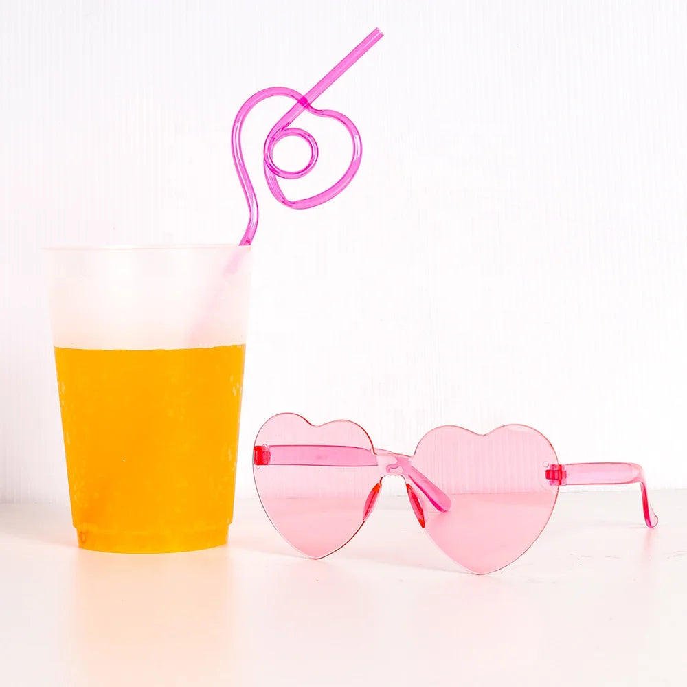 Bachelorette Party 1 Heart Shaped Sunglasses Bridal Straw and Heart Shaped Frameless Sunglasses Pink Transparent Frameless Glasses