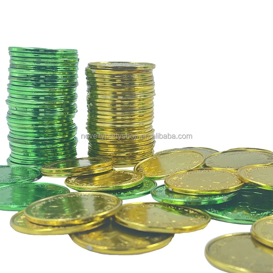 Halloween & Death Day Novelty Mini St. Patrick's Day Plastic Gold Green Lucky Coin 3 Leaf Clover Coin Clover Goblin Coin