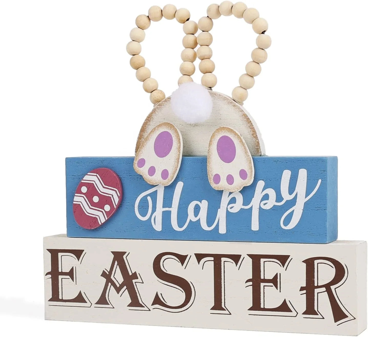 Easter and Thanksgiving 3 Decorations Home Country Spring Happy Easter Bunny Wood Signage Block Decorated with Layered Tray with Eggs and Wood Beads 
