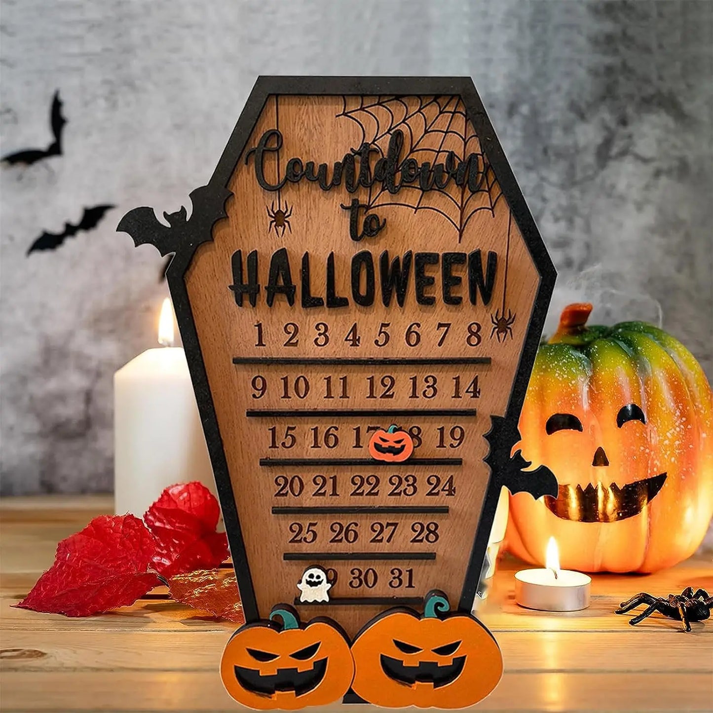 Contagem regressiva para Halloween e Dia dos Mortos, faça você mesmo, celular de madeira, contagem regressiva para Halloween, placas de contagem regressiva para Halloween, morcego, abóbora 