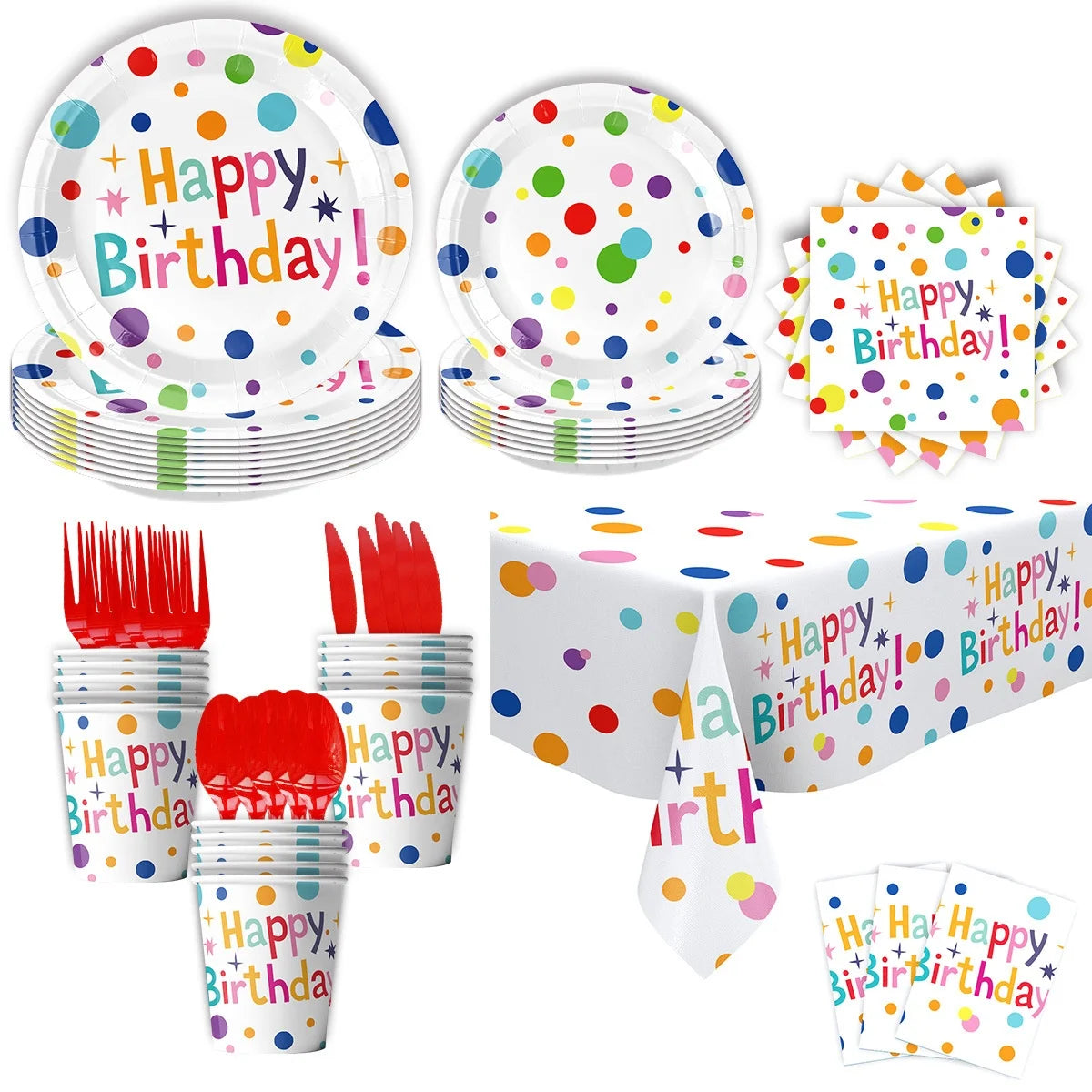 Birthday Party Simple Rainbow Dot Disposable Cutlery Set New Birthday Themed Party Decorations Include Paper Plates and Tablecloths