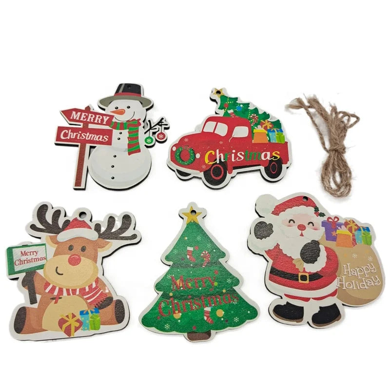 10Pcs Christmas Tree Ornament Wooden Christmas Pendant Ornament Santa Claus Snowman Elk Christmas Wooden Pendant Ornament
