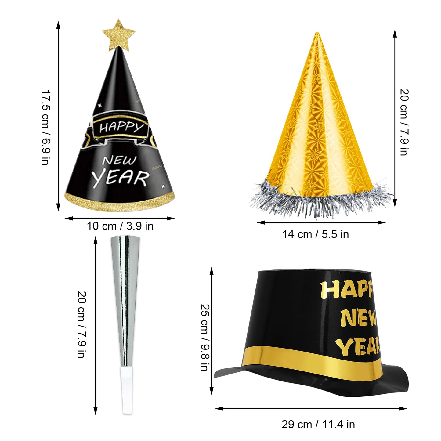 48 Silver Black Gold New Year's Hats Noise Maker 2025 New Year's Eve Party Favorites Photo Gifts 2025 New Year's Hats &amp; Trumpets 