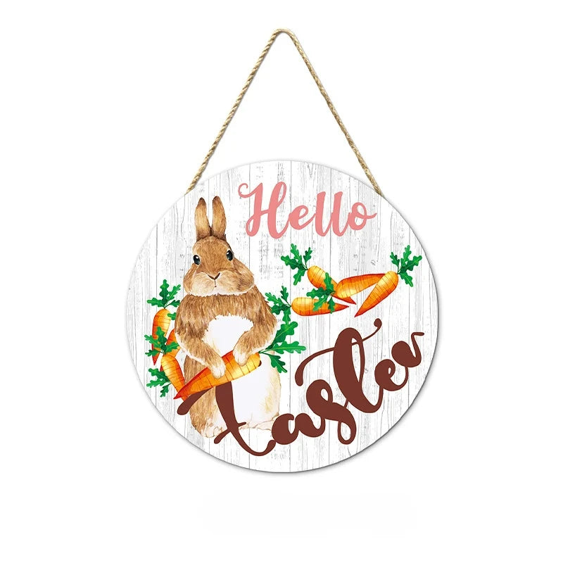Easter and Thanksgiving 3 New Easter Round Booney Door Pendant Decoration Round Wooden Rabbit Egg Painting Home Crafts Hanging Signs Wall Decoration
