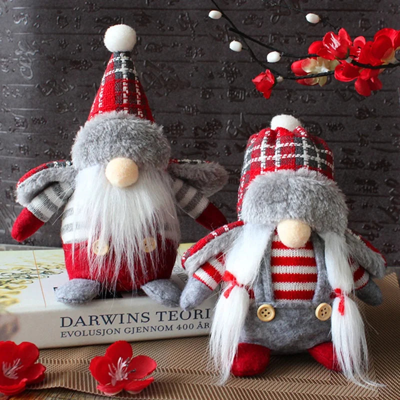 Christmas Standing Faceless Doll Ornament Handmade Plush Red and White Plaid Cloth Dwarf Santa Claus Dwarf Ornament