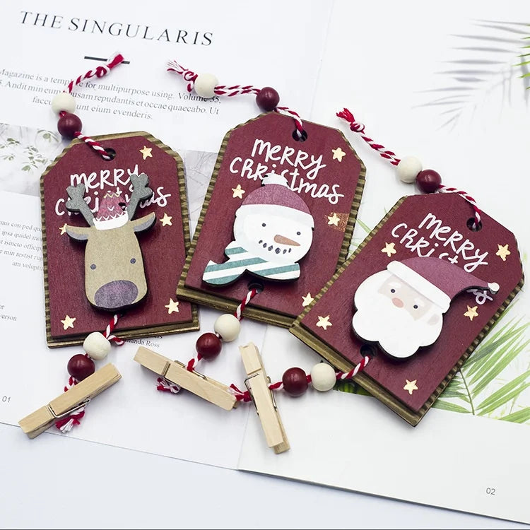 Christmas tree wooden label pendant creative 3D painted wooden sign hanging Christmas tree wooden clip hanging decorations