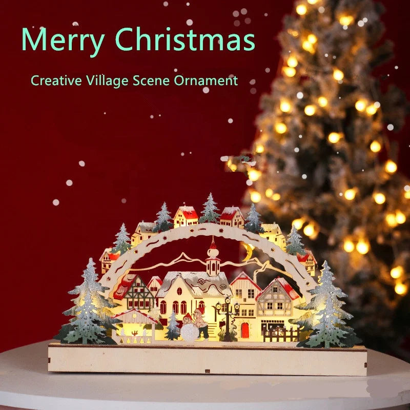 Laser 3D Hollow Wooden Christmas Village Scene Design Luminous Home Decoration Creative Christmas Light Emitting Diode Wooden Dining Table Ornament