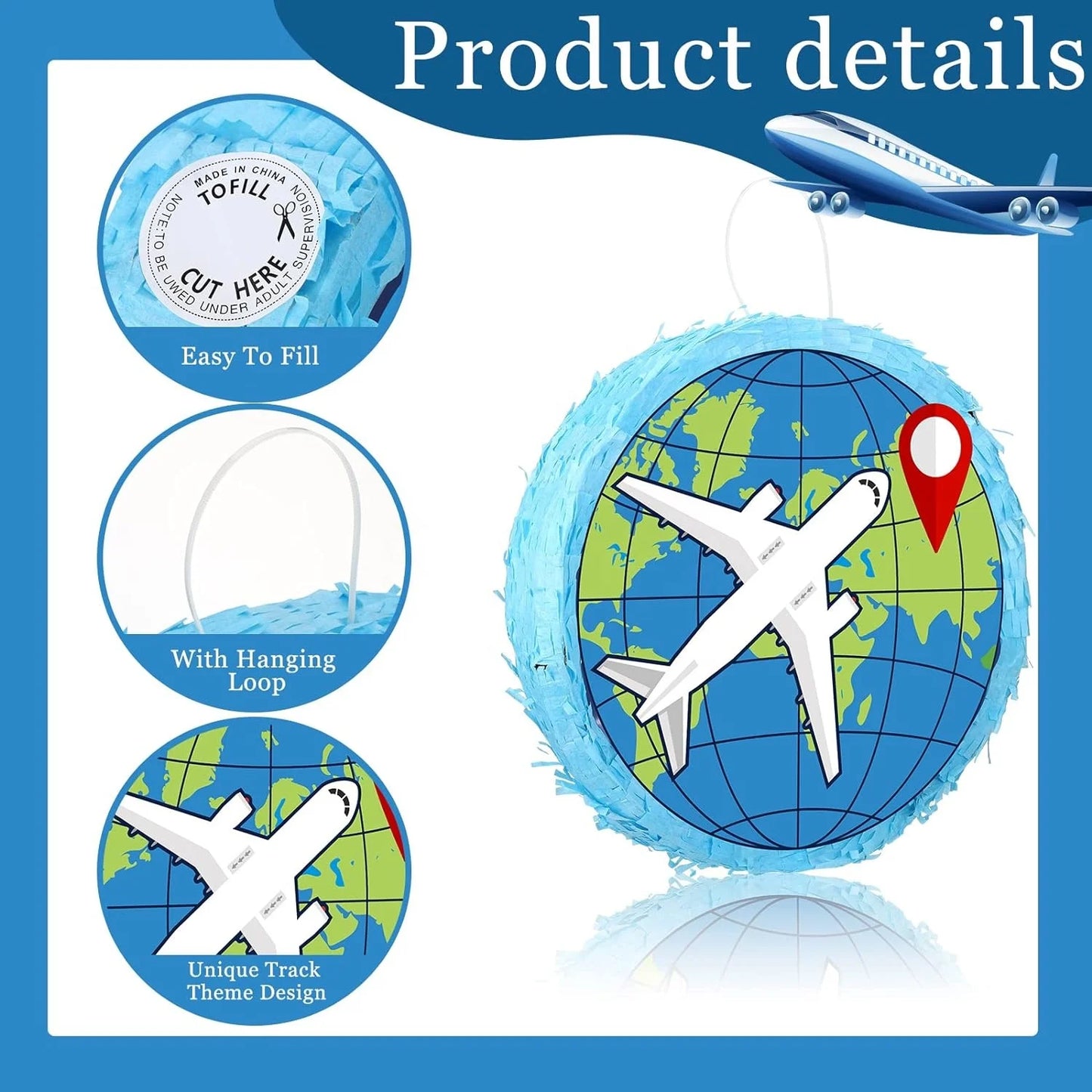 Birthday Party Carnival Party Decoration Airplane Piñata Travel Theme Piñata Earth Airplane Piñata Bat with Blindfold