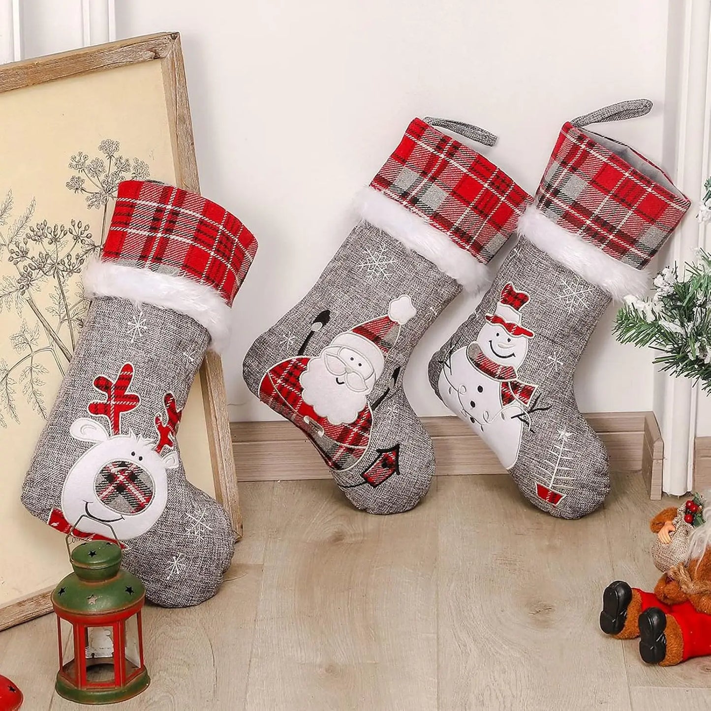 46*30Cm Christmas Decoration Gift Bag Embroidered Santa Claus Plush Large Hanging Socks Burlap Red Gray Checked Christmas Socks 