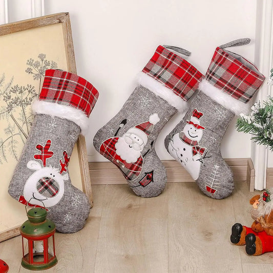 46*30Cm Christmas Decoration Gift Bag Embroidered Santa Claus Plush Large Hanging Socks Burlap Red Gray Checked Christmas Socks 
