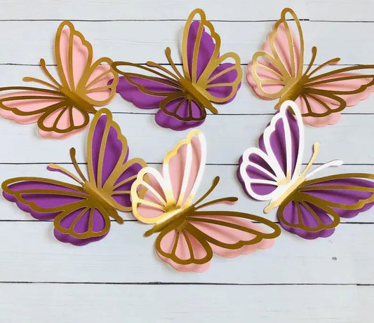 Birthday Party 2 Novelty Butterfly Cupcakes Decoration Pink and Gold Paper Butterfly Stickers Bedroom Hollow Pearl Butterfly Mural Decals