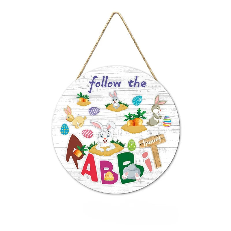 Easter and Thanksgiving 3 New Easter Round Booney Door Pendant Decoration Round Wooden Rabbit Egg Painting Home Crafts Hanging Signs Wall Decoration