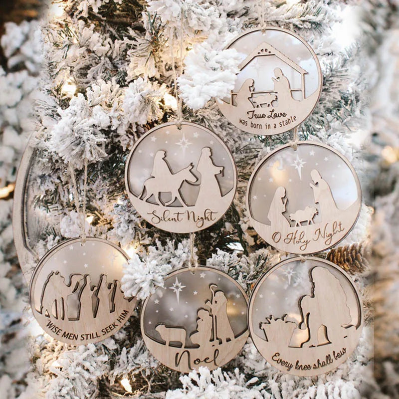 Wooden silent night Christmas tree decoration handmade 2 layer wise man Christmas scene Christmas pendant