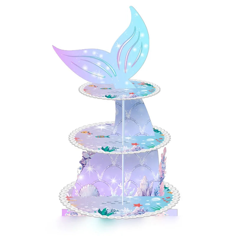 Birthday Party 2Mermaid Themed Layer Cartoon Cake Stand Birthday Party Supplies Disposable Three Layer Cake Stand