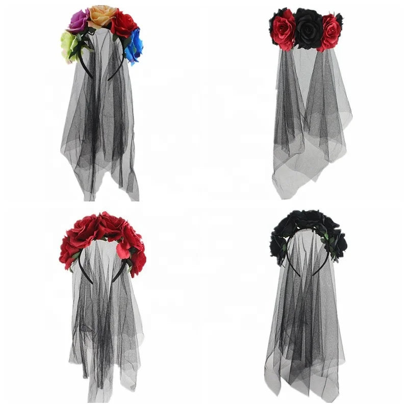 Halloween & Death Day Accessories Rose Blossom Headband Veil Lace Headband Mexico Day Halloween Party Decoration