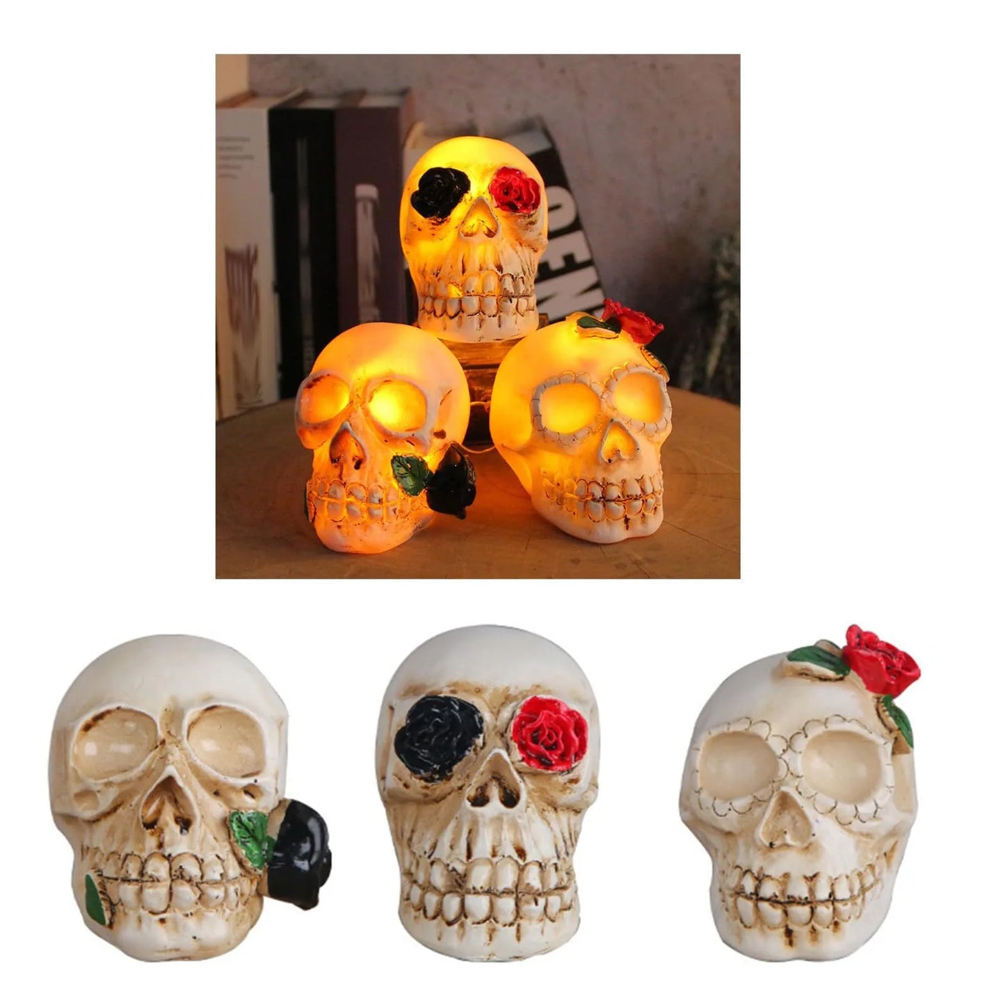 Halloween &amp; Day of the Dead High Quality Rose Skeleton Light Day of the Dead Atmosphere Light Emitting Diode Table Decoration Realistic Human Halloween Resin Counterfeit Coors Light 