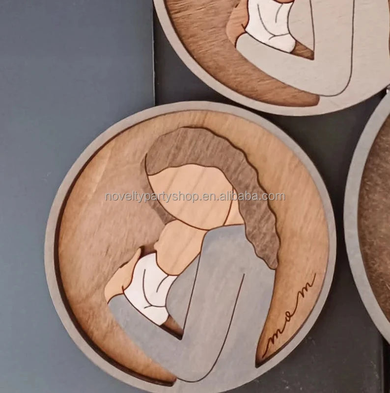 Novelty custom wood laser cutting engraving round gift mom 3D line art