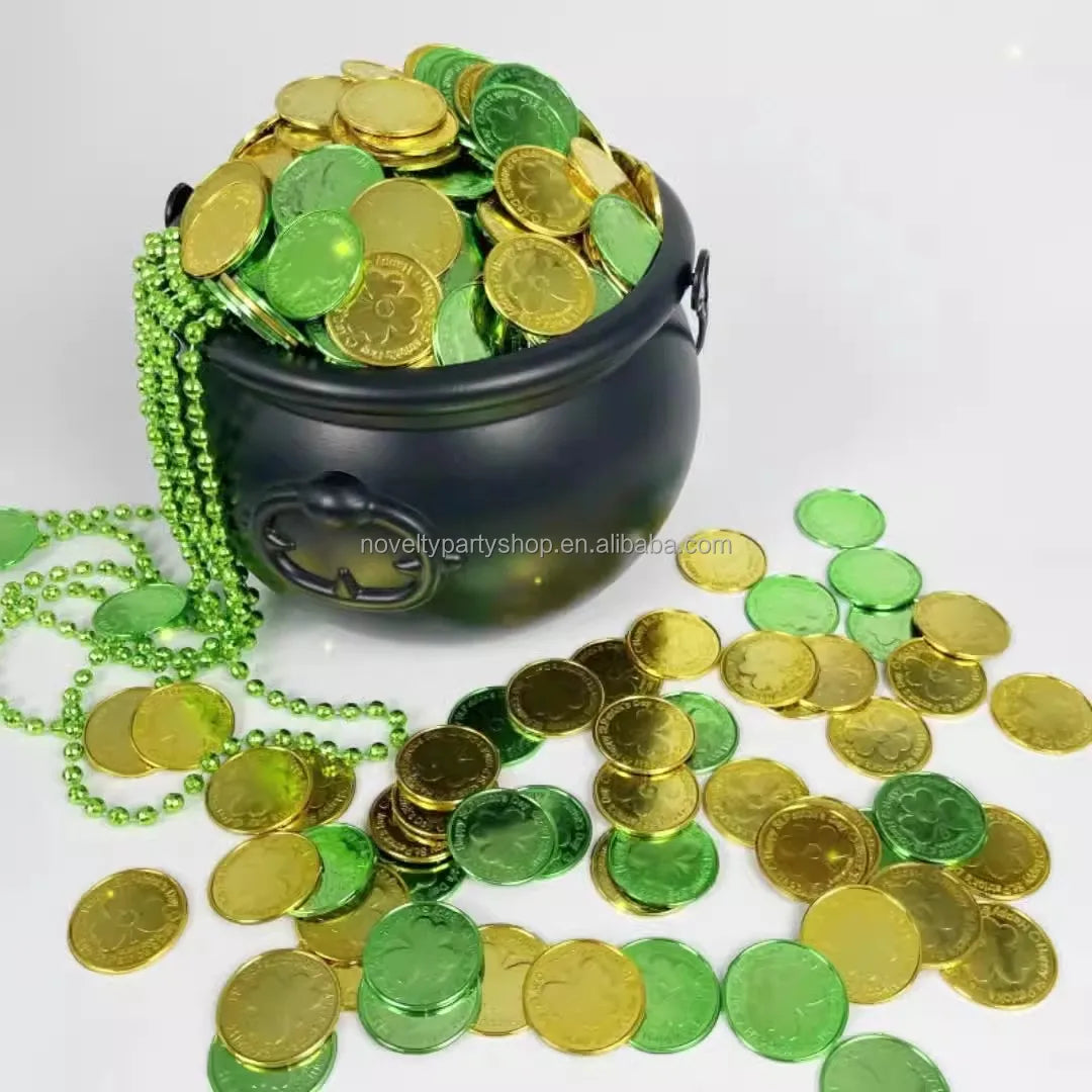 Halloween & Death Day Novelty Mini St. Patrick's Day Plastic Gold Green Lucky Coin 3 Leaf Clover Coin Clover Goblin Coin