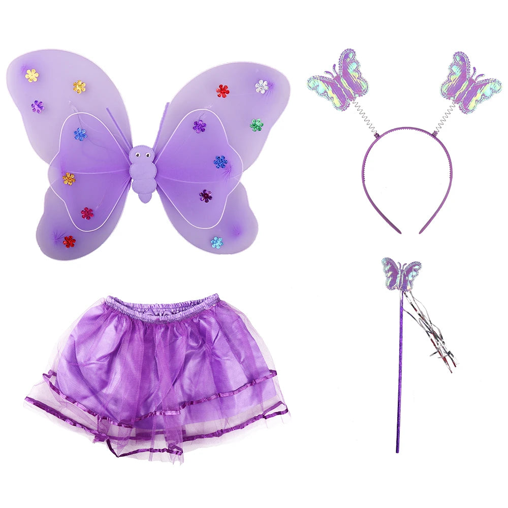 Birthday Kids Fairy Girls Sequin LED butterfly Wing Wand Belly Dress 4pcs/set  Party Supplies fairy Cosplay Suit