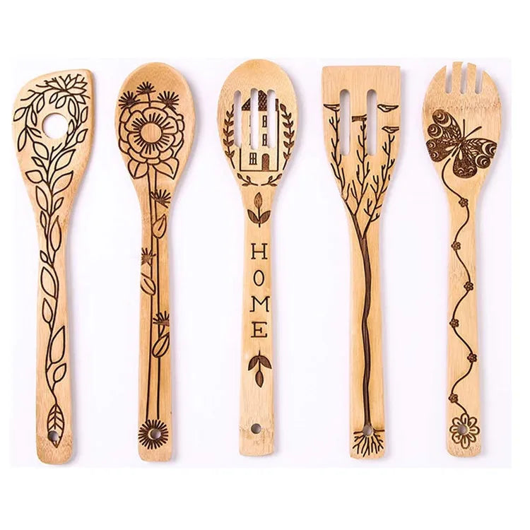 OEM 5pck Bamboo Utensil Set Pattern Burned Spoons Kitchen Slotted Spoon House Warming Presents Holiday Gift