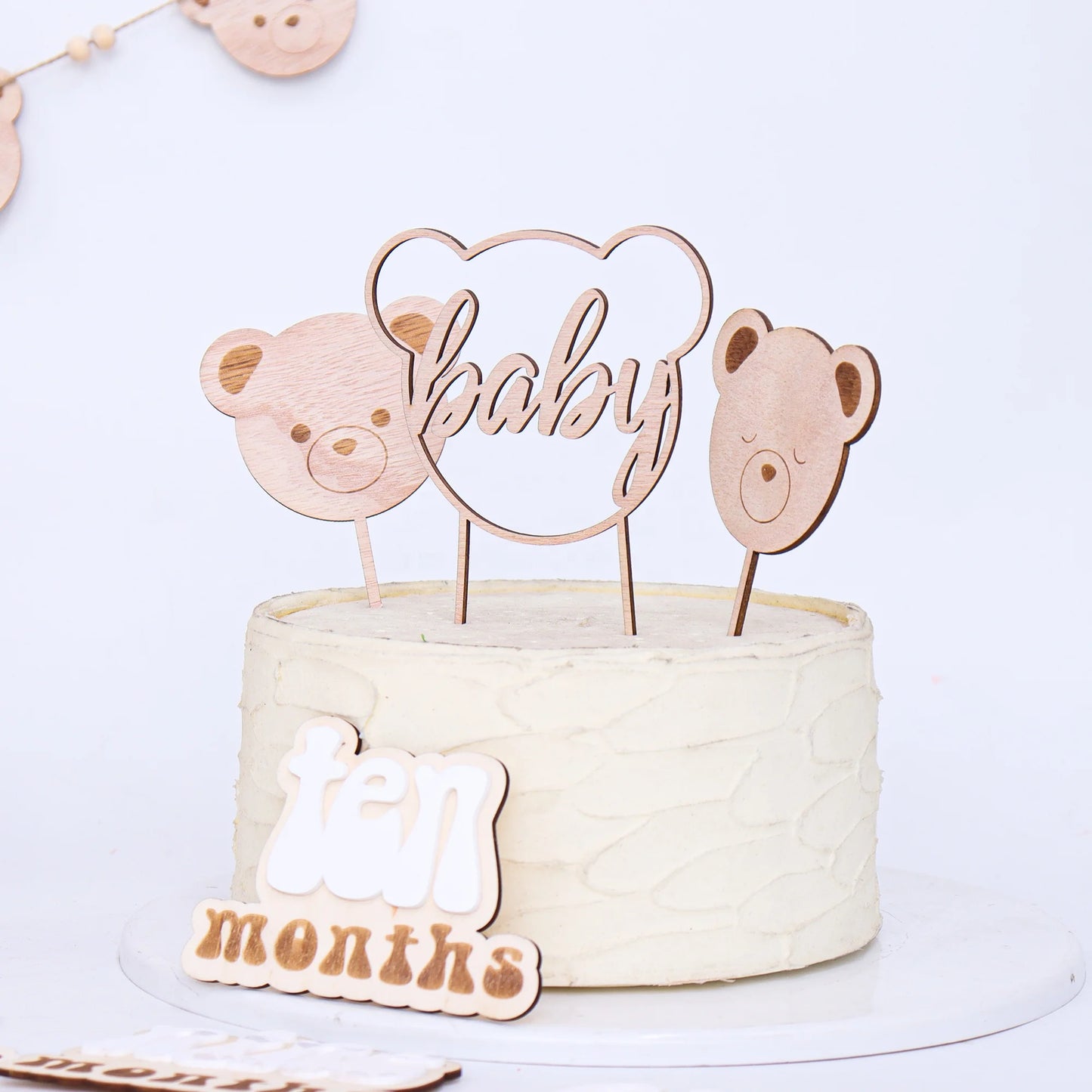 Birthday Party Custom Plywood Cake Decoration Baby Shower 7 Piece Set Bear Theme Party Decoration Natural Materials Inkless Birthday Cupcake Top Hat