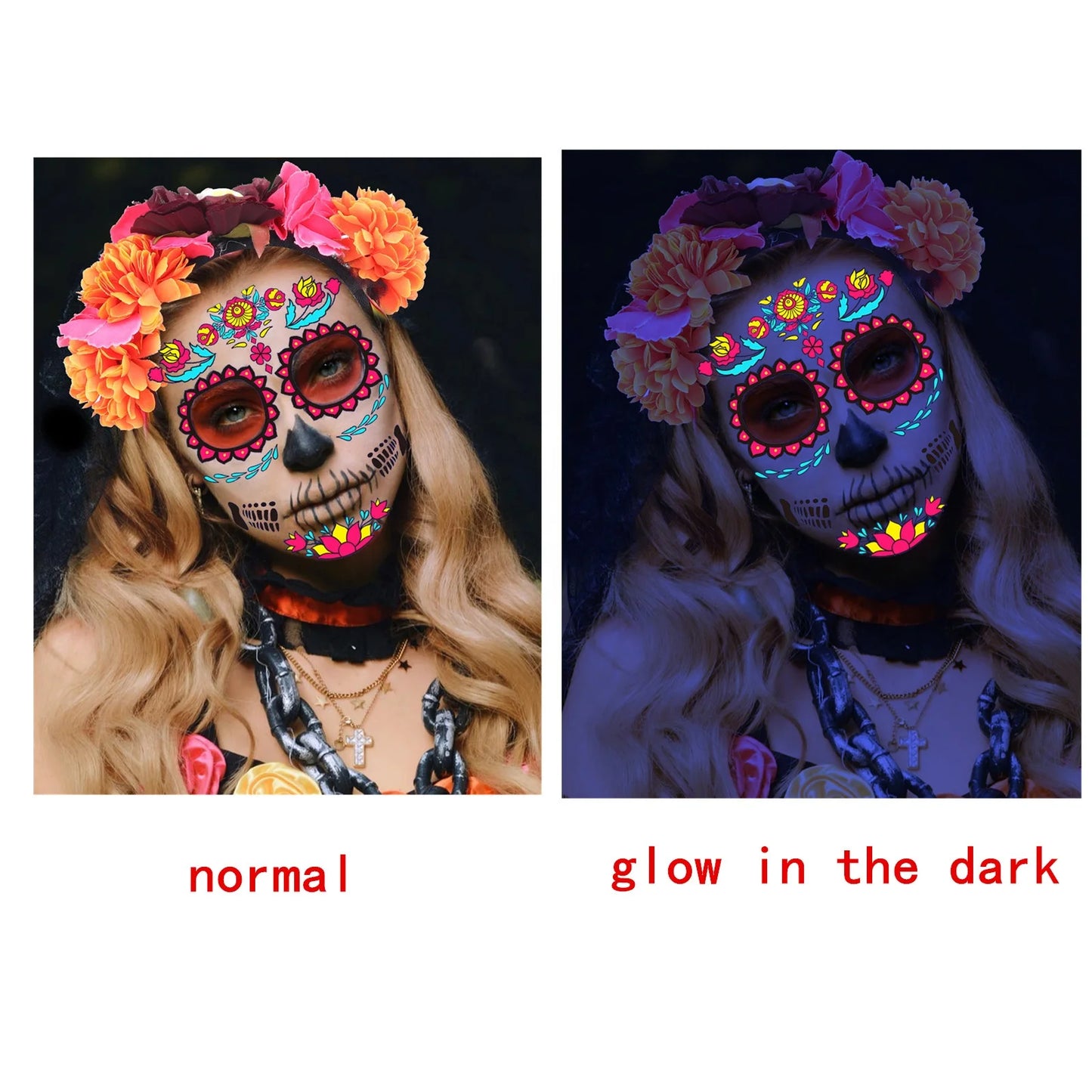 Halloween & Death Day Sugar Skull Neon Face Tattoo Women's Day Dead Flower Headband Halloween Costume Set