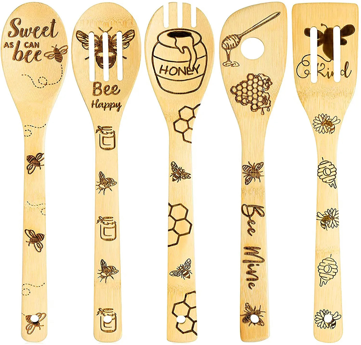 OEM 5pck Bamboo Utensil Set Pattern Burned Spoons Kitchen Slotted Spoon House Warming Presents Holiday Gift