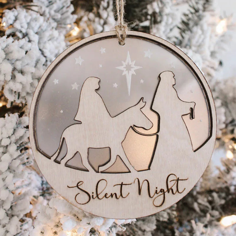 Wooden silent night Christmas tree decoration handmade 2 layer wise man Christmas scene Christmas pendant