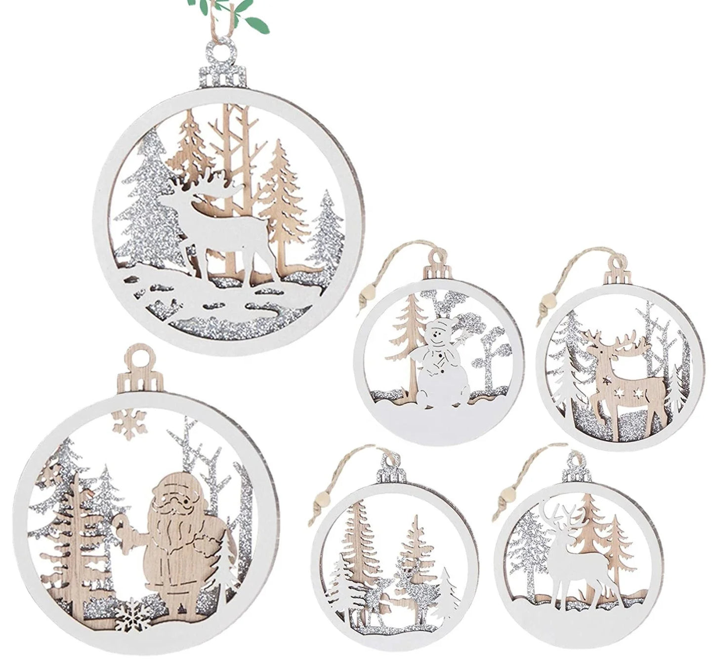 Laser 3D printing Christmas hollow round wooden pendant creative Christmas elk snowman Christmas tree wooden pendant