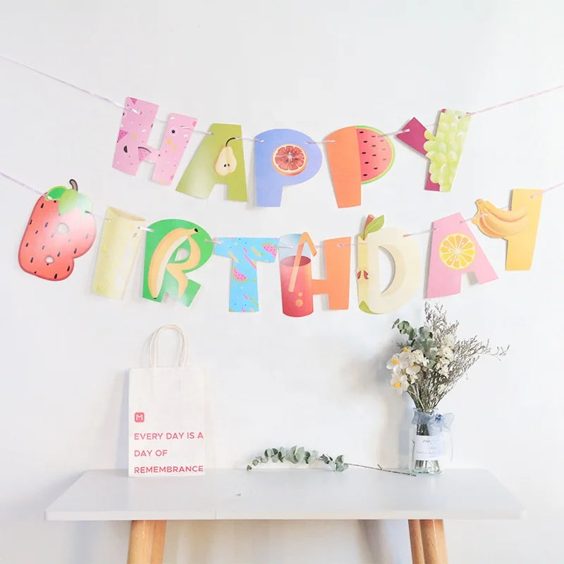 Birthday Party 2 Banner Baby Shower Fruit Flag Arrangement Decorative Paper Party Banner Celebration