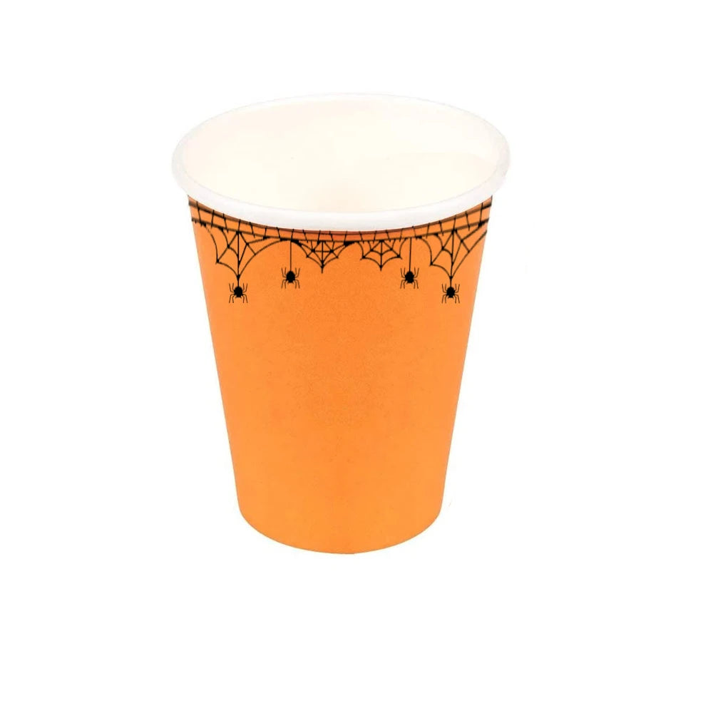 Conjunto de talheres descartáveis ​​para Halloween e Dia dos Mortos, suprimentos para festa de Halloween, inclui 24 pratos de papel, 24 guardanapos e 24 xícaras. Conjunto de talheres de Halloween 