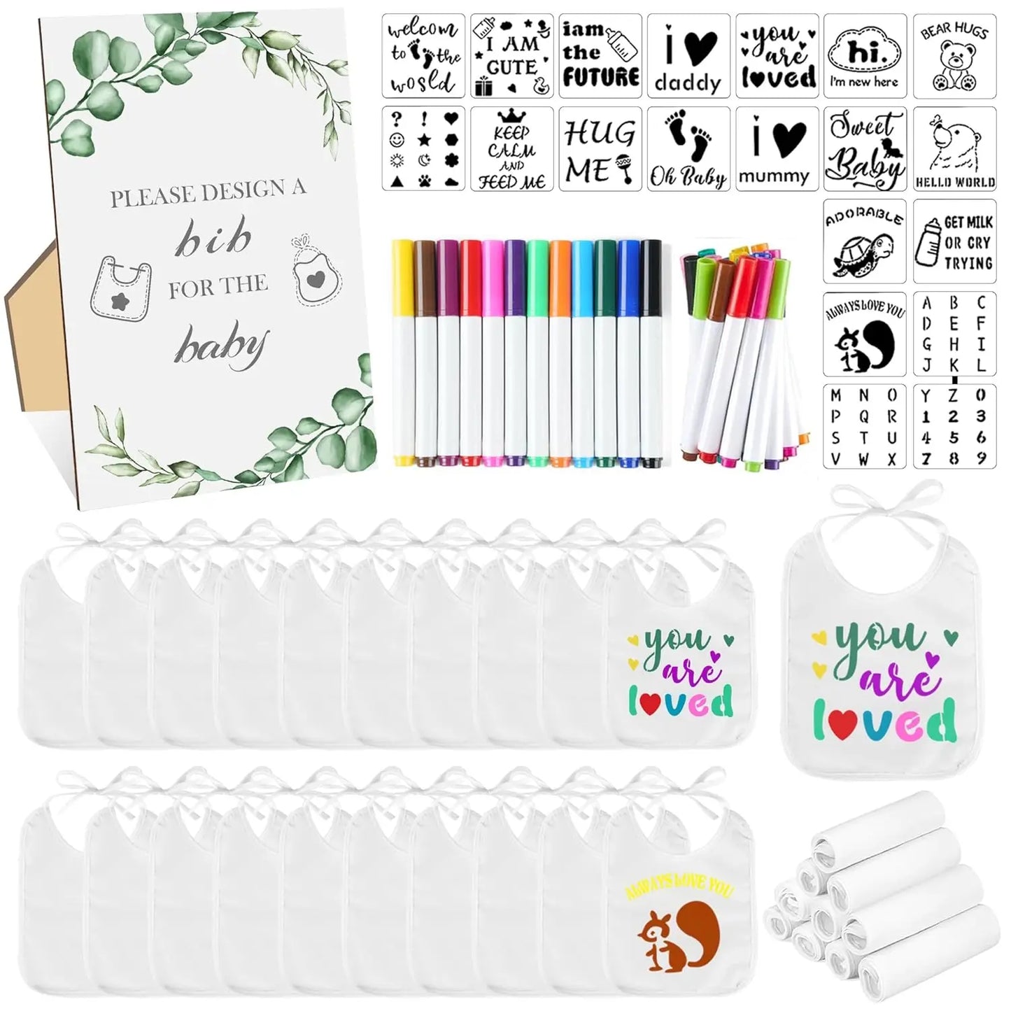 Halloween & Day of the Dead 53pcs Baby Shower Games White Baby Bib Design Games Boys Girls Sex Reveal Party Gifts DIY Baby Tights Game Sets