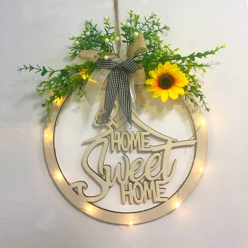 New Christmas Hollow Wreath with Light Wooden Signs Home Decoration Welcome House Number Christmas Wooden Round Door Decoration 
