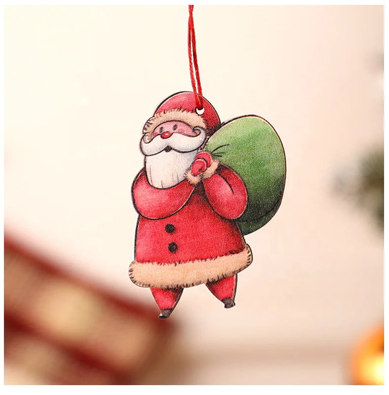 6 Wooden Christmas Tree Pendants Hand Decorated Christmas Tree Pendants with Cords Holiday Decorations Christmas Decorations