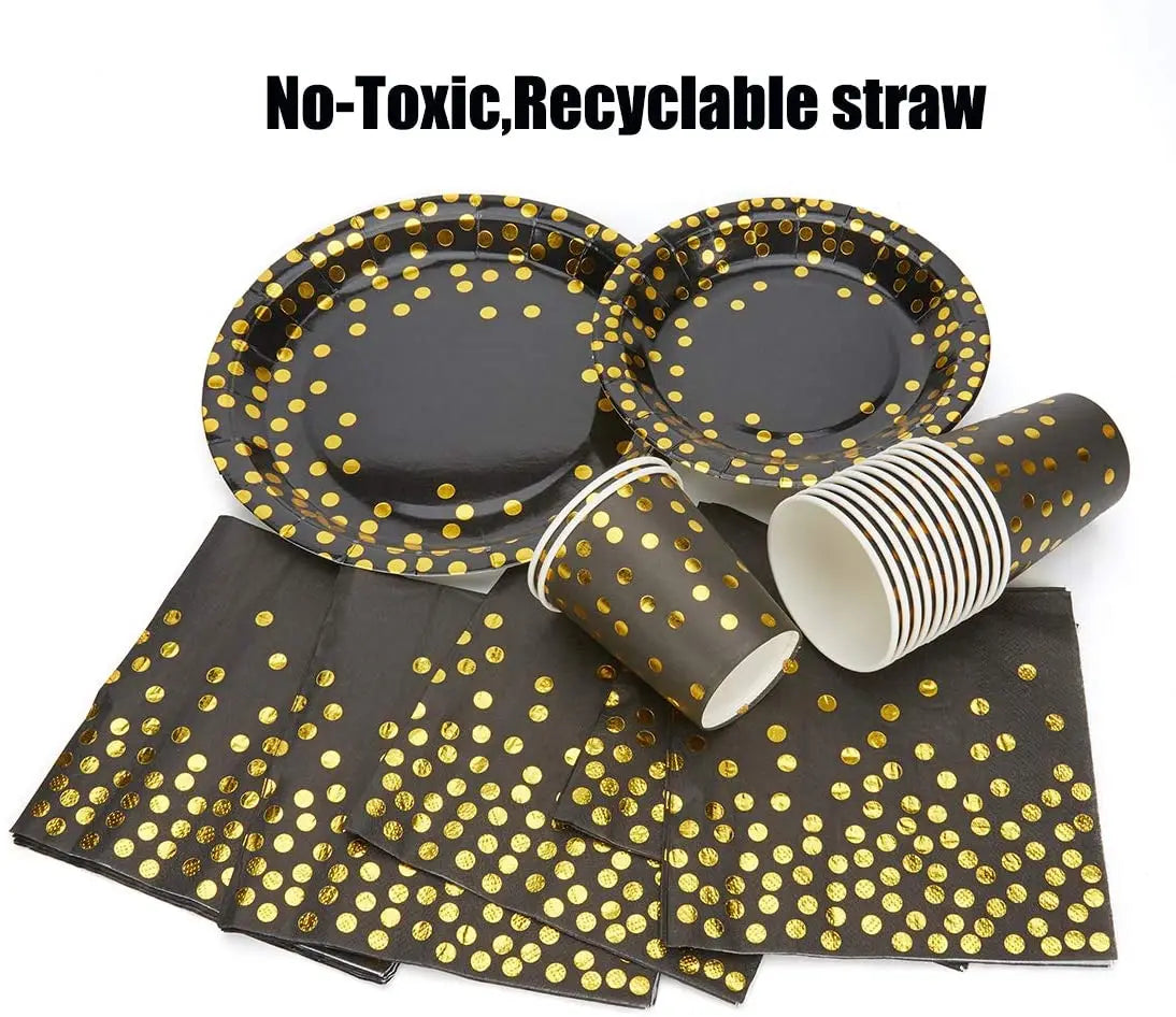 Birthday Party 2 Wedding Birthday Baby Bath Supplies 101pcs Gold and Black Paper Plates Paper Cups Napkins Tablecloths Disposable Cutlery Set