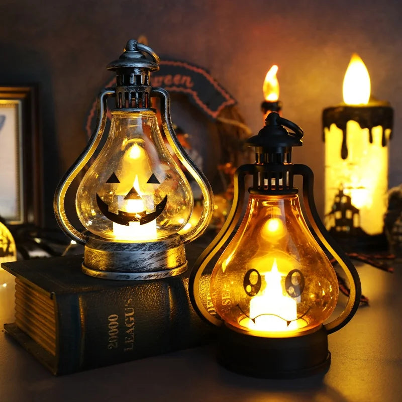 Adereços decorativos para Halloween e Dia dos Mortos, lanterna Jack-o' - Lanterna com luz de vela, festival fantasma, lanterna portátil, luz de mesa para Halloween, diodo emissor de luz 
