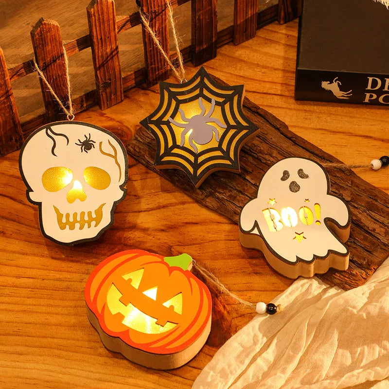 Halloween & Day of the Dead Decorative Pumpkin Lantern Wooden Skeleton Spider Ghost Lantern Halloween Scene Pendant Night Light