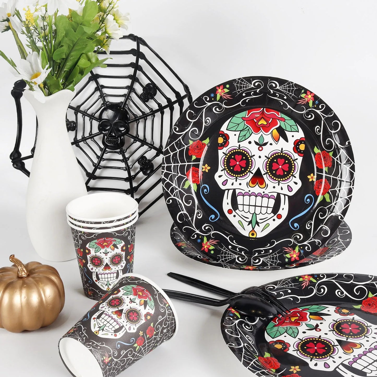 Halloween & Day of the Dead 16 Guests Multicolor Dead Candy Skull Black Charger Set Carnival Party Supplies Halloween Disposable Cutlery Set