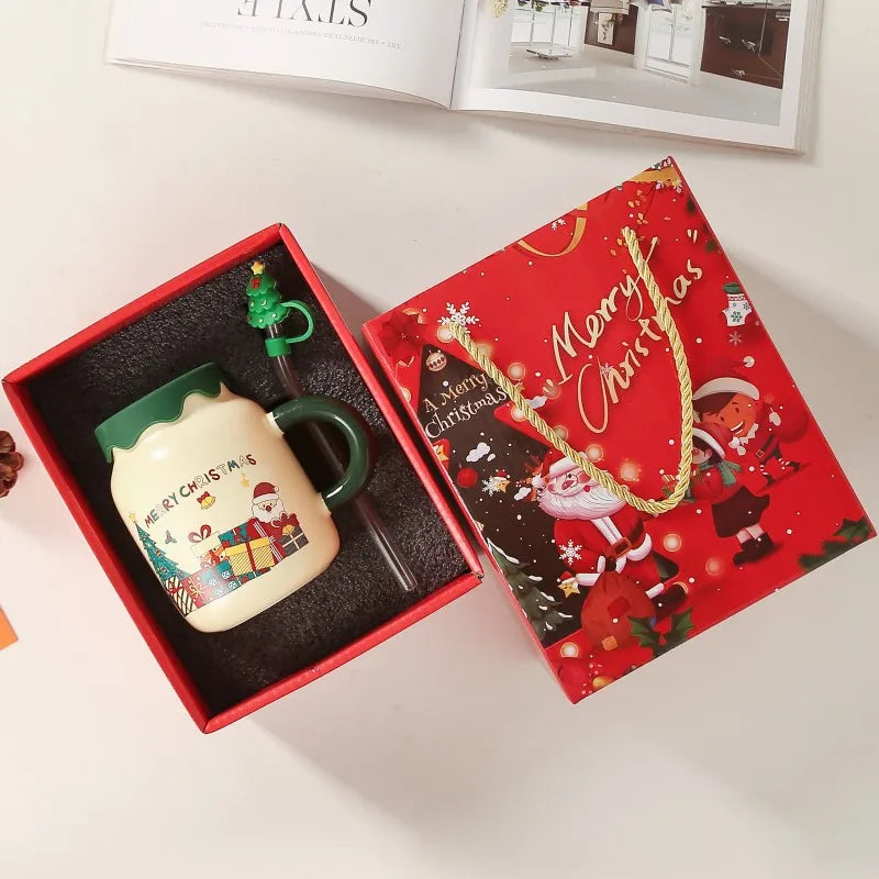 Coffee Cup 2025 New Christmas Coffee Cup and Straw Gift Box Set Wedding Christmas Gift Cute Ceramic Santa Coffee Cup