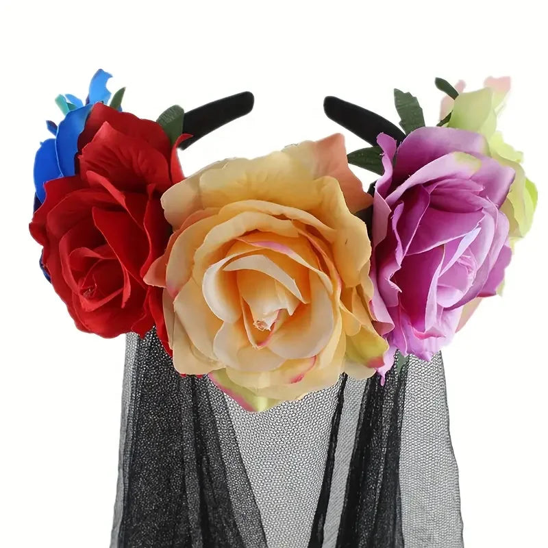 Halloween & Day of the Dead Day of the Dead Headband Dia de Los Muertos Halloween Bridal Veil Rose Crown Headgear Blood Halloween Headband