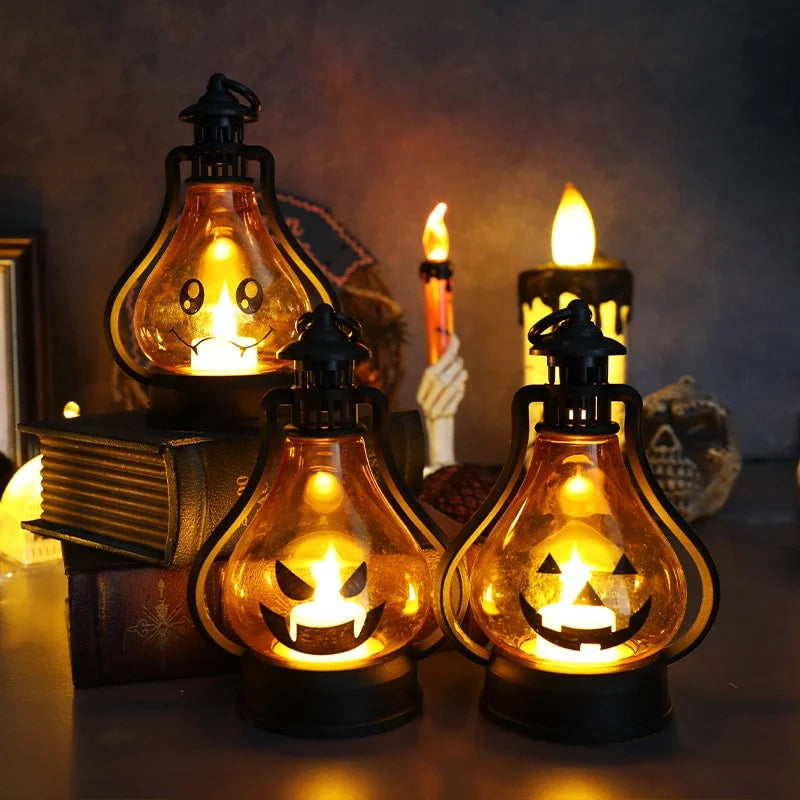 Adereços decorativos para Halloween e Dia dos Mortos, lanterna Jack-o' - Lanterna com luz de vela, festival fantasma, lanterna portátil, luz de mesa para Halloween, diodo emissor de luz 