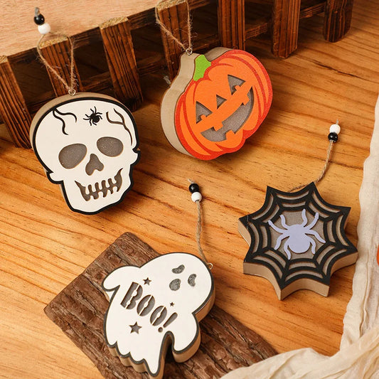 Halloween & Day of the Dead Decorative Pumpkin Lantern Wooden Skeleton Spider Ghost Lantern Halloween Scene Pendant Night Light