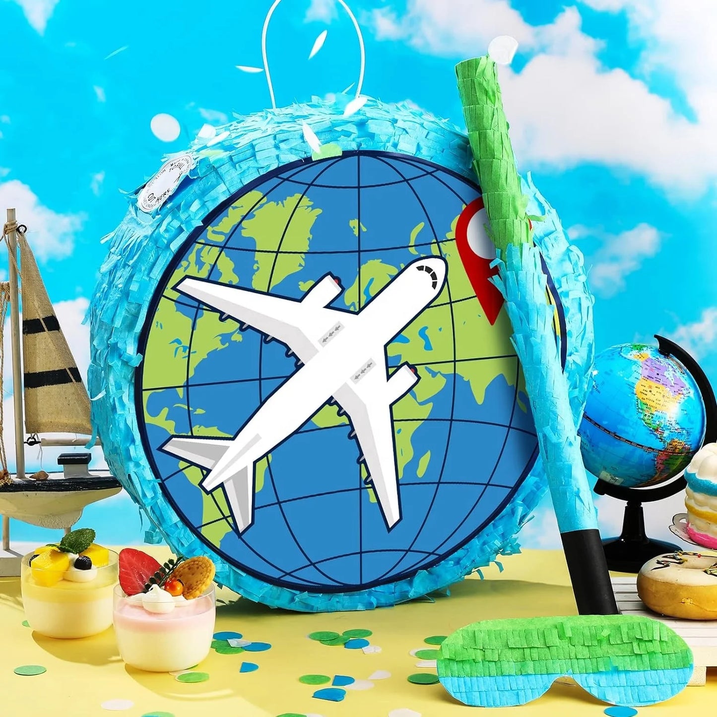 Birthday Party Carnival Party Decoration Airplane Piñata Travel Theme Piñata Earth Airplane Piñata Bat with Blindfold