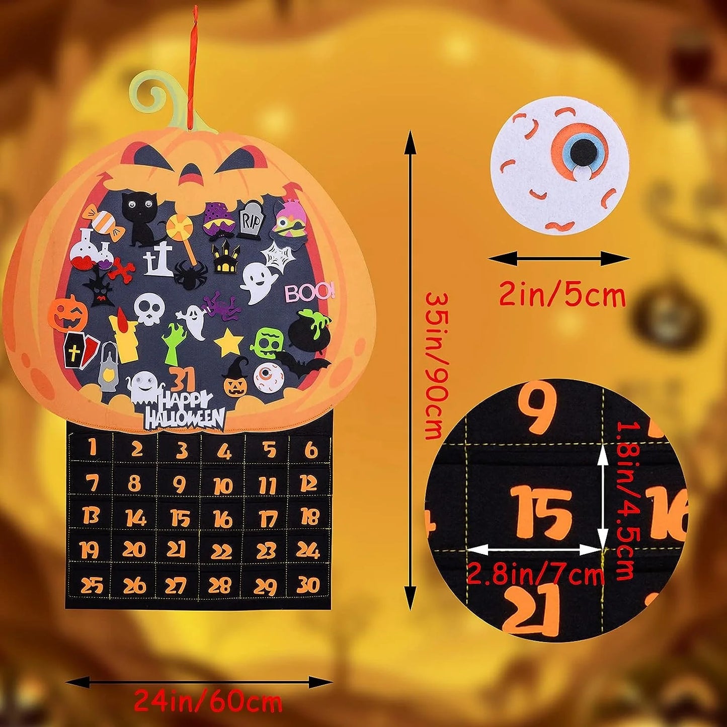 Halloween & Death Day 31 Days Happy Halloween Felt Fabric Pumpkin Countdown Calendar with 30 Removable Decorations Halloween Advent Calendar