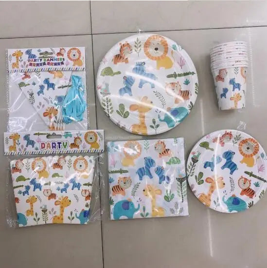 Birthday Party 2 Baby Shower Children's Birthday Party Supplies Jungle Animal Paper Hat Board Cup Napkin Banner Forest Animal Paper Cutlery Set